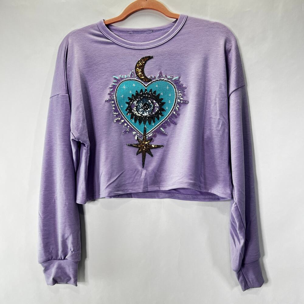 Evil Eye Sequins Moon Star Cropped Purple long sleeve Sweatshirt M